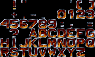 The 32X32-FD sprite sheet: chrome letters filled with fire on black, in a grid of 10 across and 6 down. Punctuation and digits along the top rows, then the alphabet from A to Z, with black gaps where the font has no character