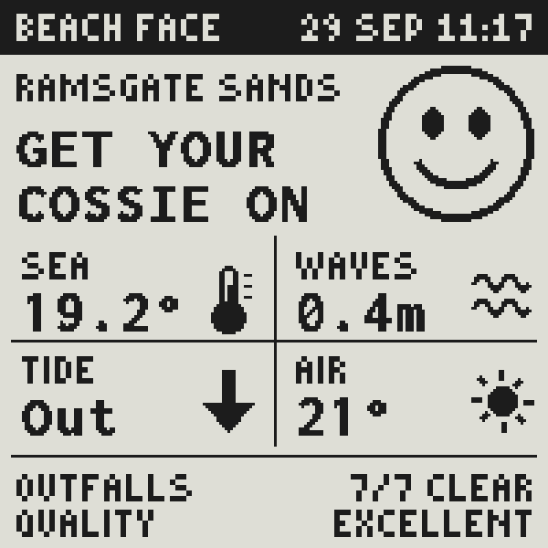 The top half of Beach Face cycling through GET YOUR COSSIE ON, GET IN THE SEA, GO FOR A DIP and WATER&rsquo;S LOVELY beside the smiley face