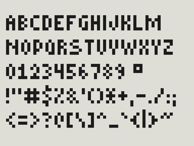 The tiny pixel font at double size: capital letters, digits, the added degree sign and the punctuation, each built from a handful of square pixels