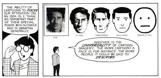 Two panels from Understanding Comics. Scott McCloud&rsquo;s cartoon self talks about how cartoons focus attention, then a row of faces runs from a photograph labelled ONE, through increasingly simple drawings labelled A FEW, THOUSANDS and MILLIONS, to a plain circle with two dots and a line labelled (NEARLY) ALL