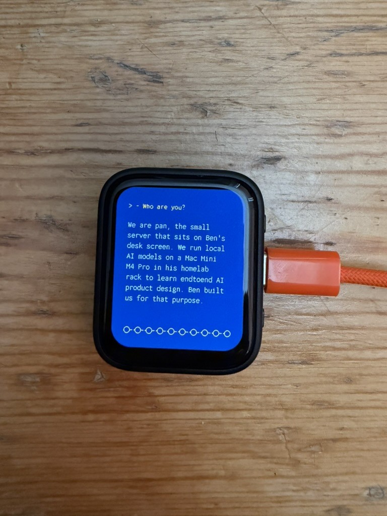 The board on a wooden desk with an orange cable plugged into its side. On screen, the question &ldquo;Who are you?&rdquo; and Pan&rsquo;s reply, beginning &ldquo;We are pan&rdquo;