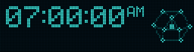 The alarm going off at 07:00: the bell under AM flashing, the node cluster shaking, and &ldquo;ALARM 07:00 AM - SAY SNOOZE OR STOP&rdquo; scrolling along the bottom