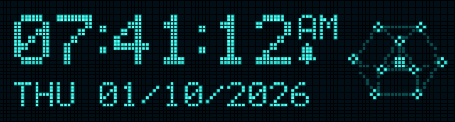 Tick: the time in big blue-green dots with a small AM above a bell, a cluster of ten linked nodes to the right. &ldquo;HELLO WE ARE PAN AND WE ARE INSIDE THIS CLOCK.&rdquo; scrolls along the bottom row under the time, then the date comes back