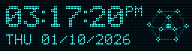 Idle: the clock on its own, then &ldquo;DAISY BELL&rdquo; begins scrolling along the bottom row. A sound jolts the level bars and the scrolling stops dead, and the date comes back