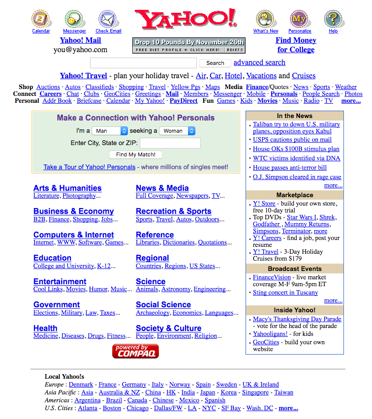 Yahoo homepage, 2000